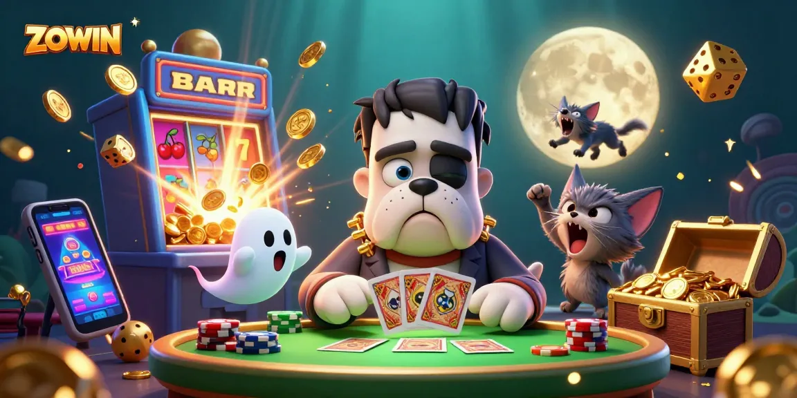ZOWIN invites players to enjoy a thrilling casino scene featuring a bulldog monster, ghost mouse, and werewolf kitten amidst vibrant symbols and games.