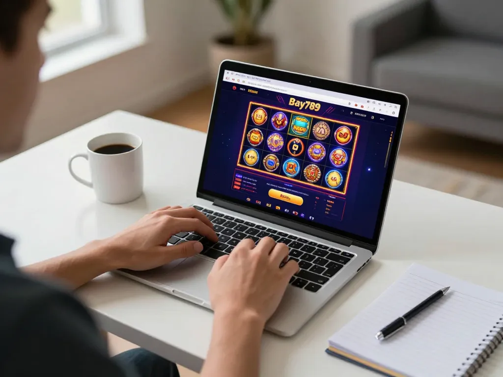 Bay789 player engaging with interactive slots on a laptop in a modern home office