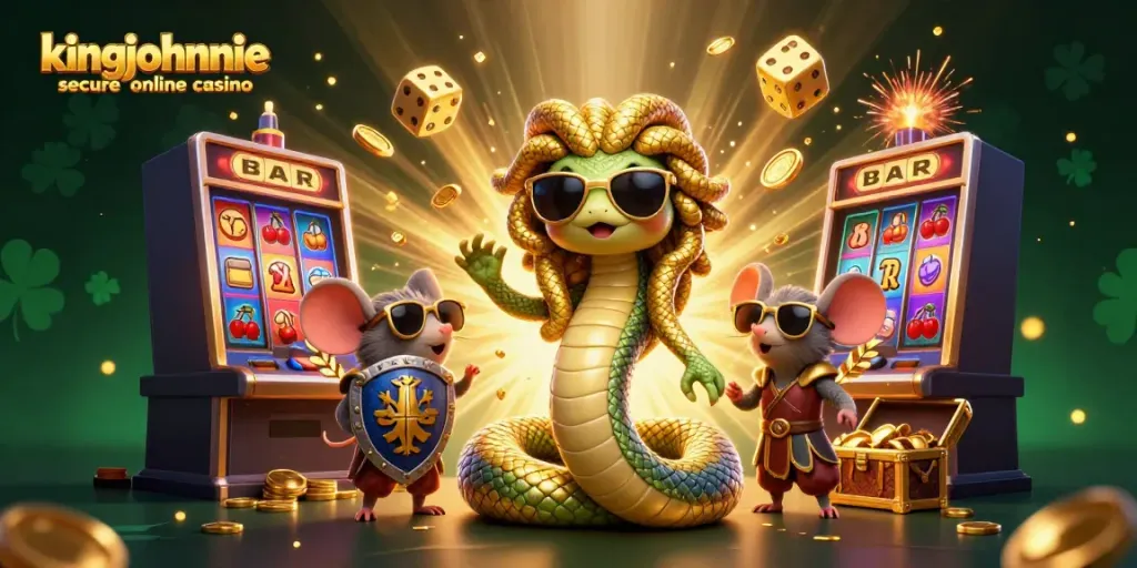 Experience the thrill of the kingjohnnie secure online casino with Medusa and a warrior mouse amidst dazzling gaming elements.