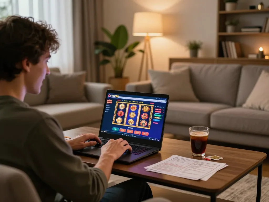 Player engaging with QH88Go's online casino interface, enjoying a relaxed gaming experience at home.