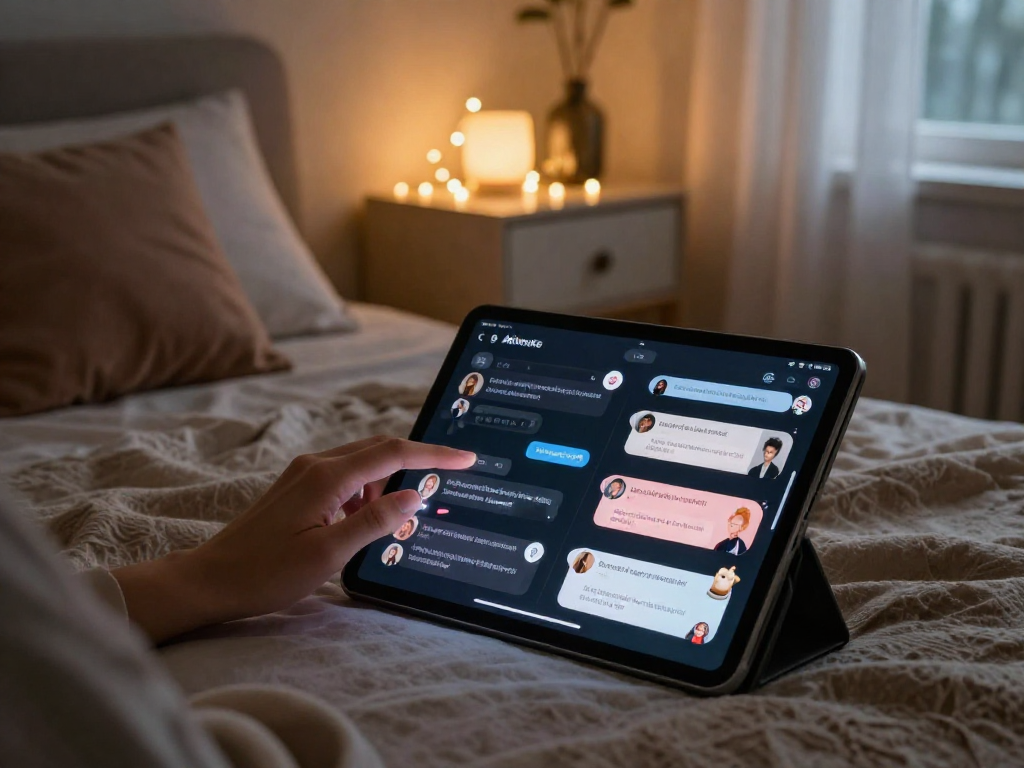 AI chat porn interface with intimate conversations in a cozy, inviting setting.