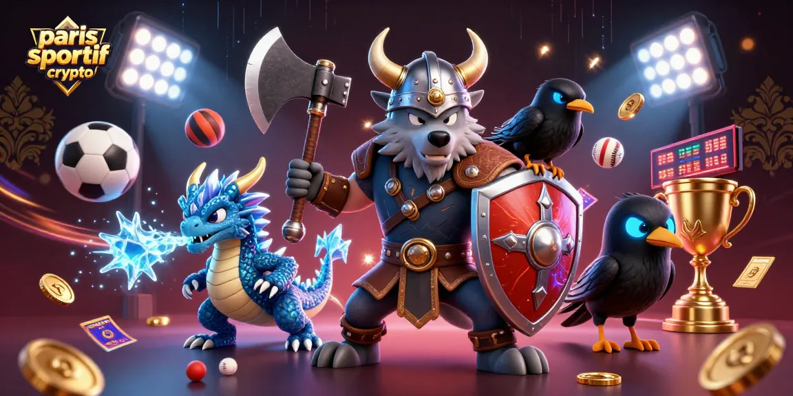 Les paris sportifs crypto réunissent un guerrier loup, un dragon et un corbeau autour d'éléments dynamiques de jeu.