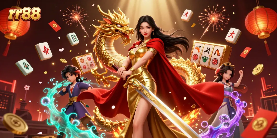 Engage in thrilling gameplay at rr88 with vibrant illustrations of slot machines and a warrior queen amidst golden treasures.