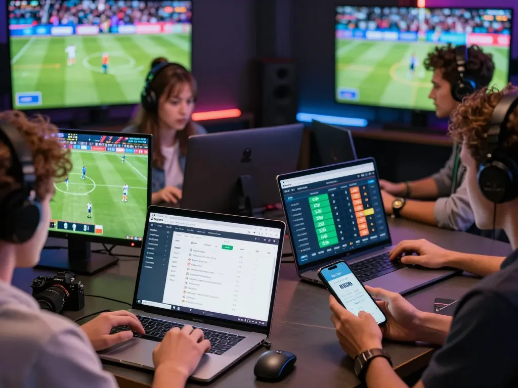 Enthusiastic bettors engaging with Nowgoal online interface showcasing live sports scores and betting options.