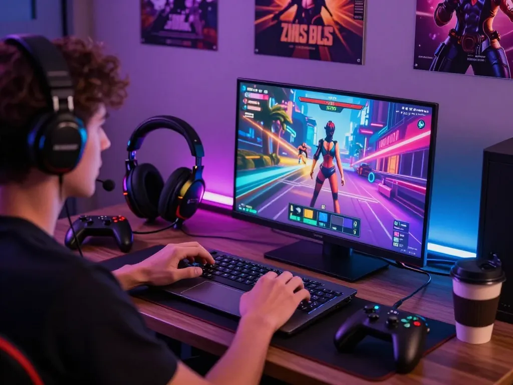 Engaged player exploring a captivating sex game on laptop, vibrant visuals and cozy gaming setup.
