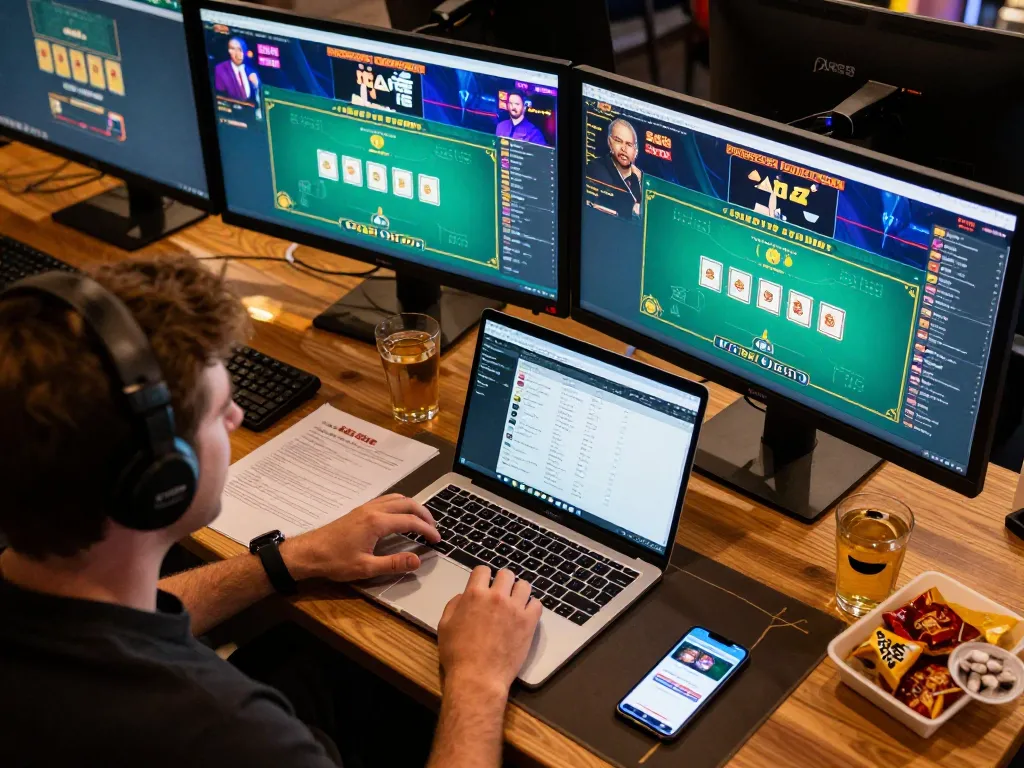 AE888 player engaged in live dealer games on dual monitors, showcasing modern online gambling strategies.