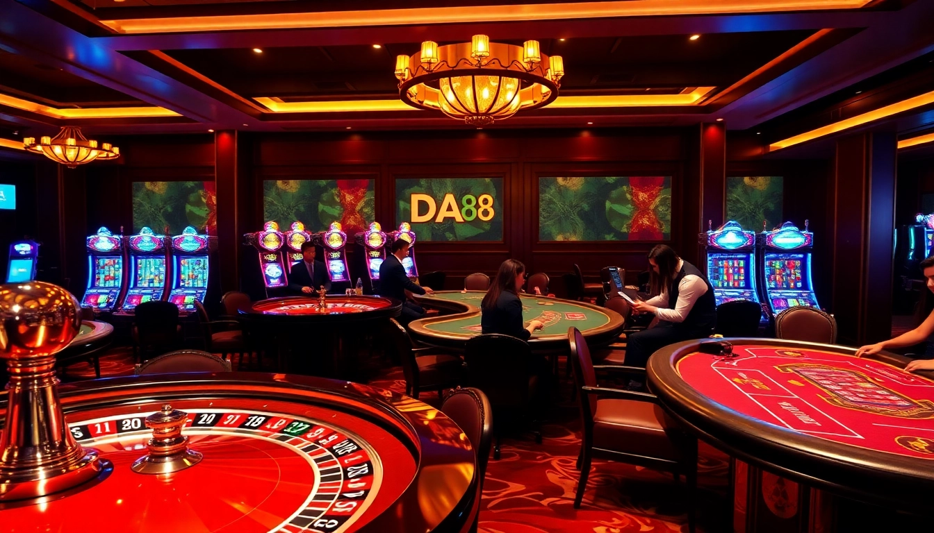 Engaged players in a luxury DA88 casino scene with roulette and poker tables.