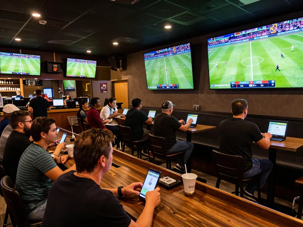 Patrons enjoying live sports betting at Keonhacaii88's vibrant sports bar, cheering for their teams