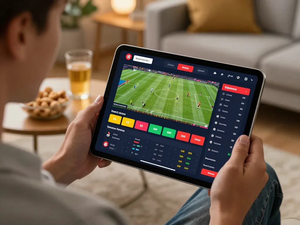 Engaging with pucuk138 sports betting on a tablet in a cozy home, showcasing betting options and vibrant interface.