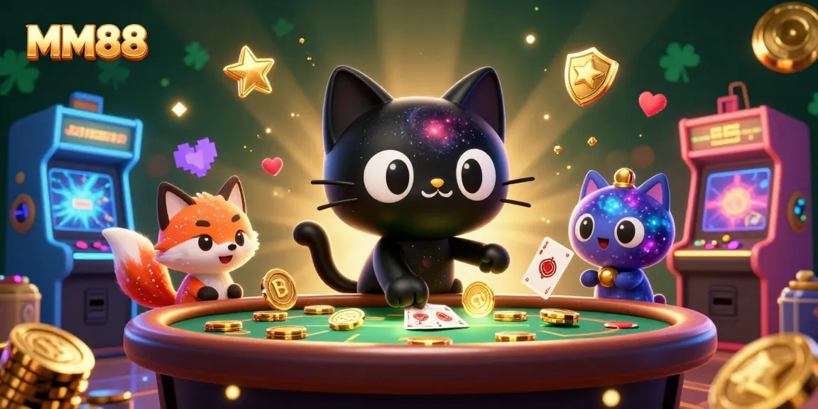 Engage with MM88's vibrant 3D cosmic casino world featuring a black hole cat and nebula fox.
