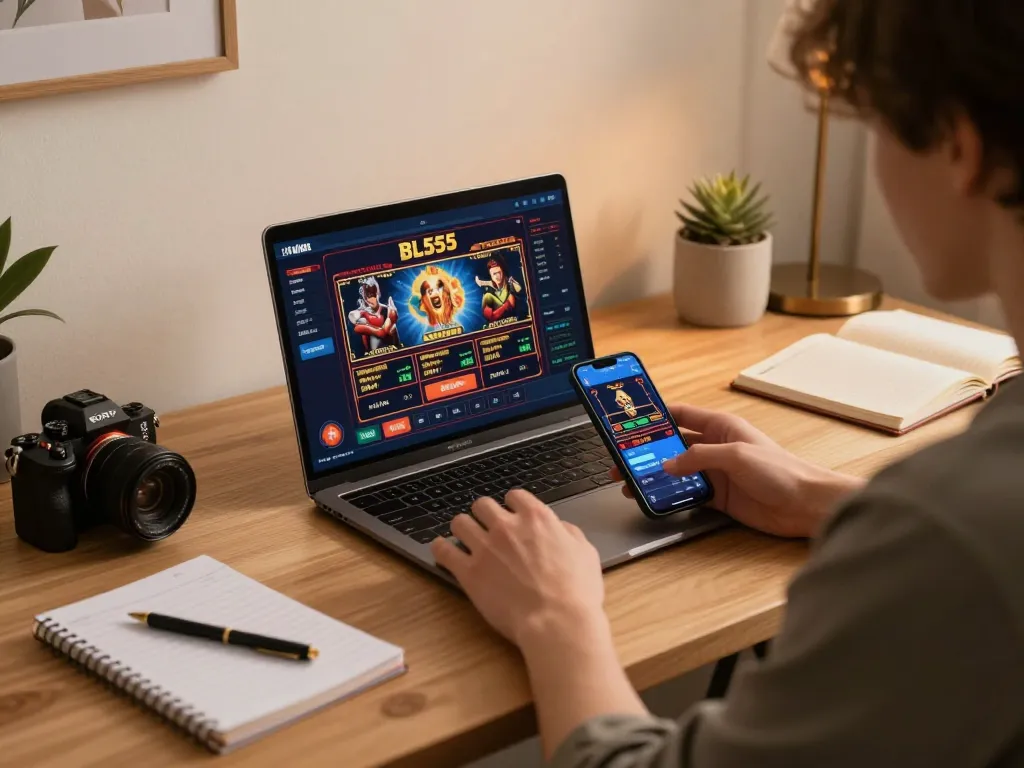 Engaging online casino gameplay at BL555, featuring an enthusiastic player using a laptop and smartphone.