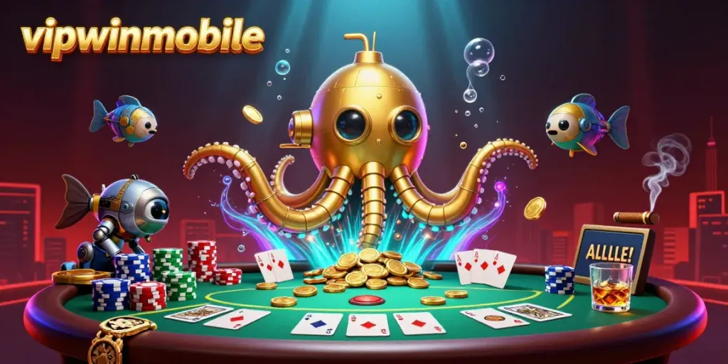 Engage in thrilling gameplay with the vipwinmobile kraken submarine amidst golden coins and poker excitement.
