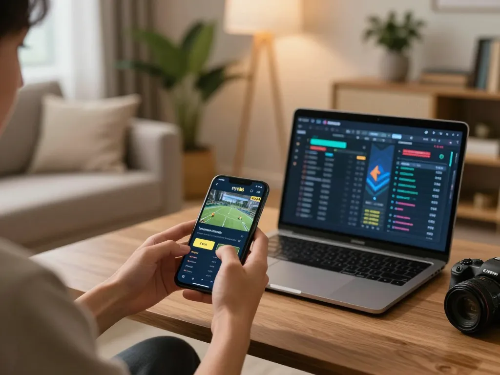 Enthusiastically using the fly88 app for mobile betting in a cozy home setting.