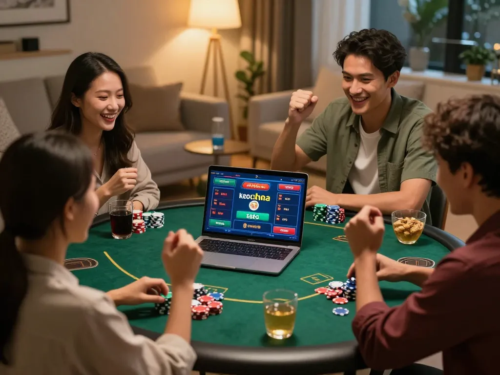 Engaged friends analyzing keo nha cai strategies while playing poker online together.