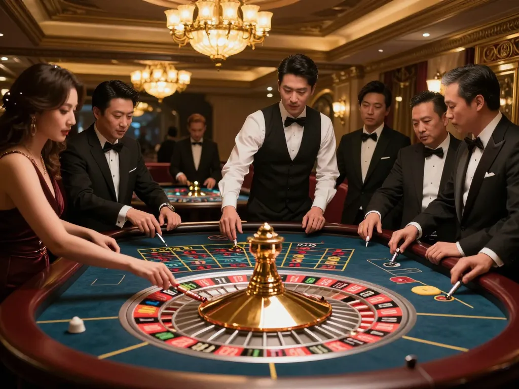 Players placing bets at the roulette table in an upscale casino featuring MM88 gaming experiences.