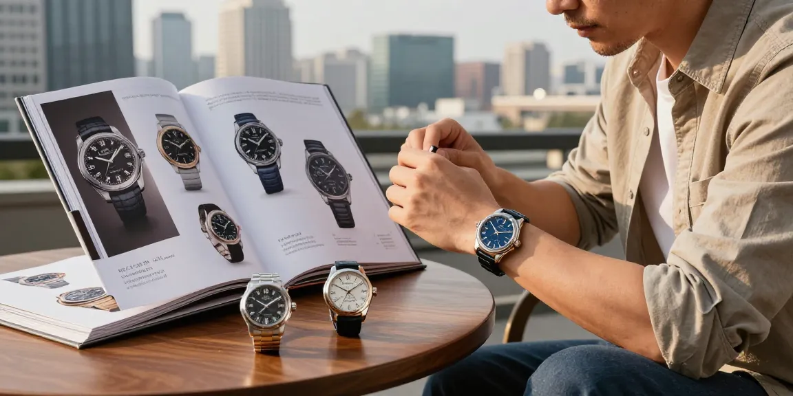 Showcasing a replica watch enthusiast examining a luxury super clone timepiece in a chic urban setting.