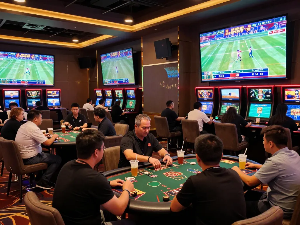 Bong88 sports betting environment with enthusiastic bettors placing live bets at a casino.
