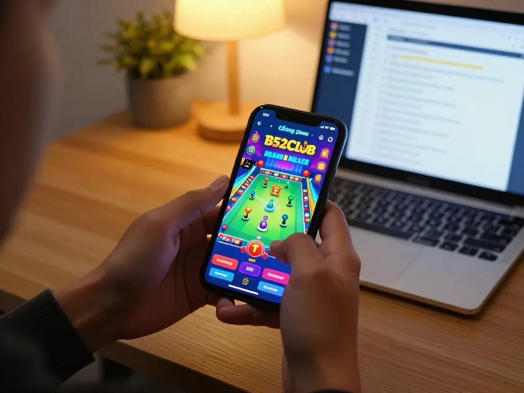 Cổng game B52Club shown on mobile phone highlighting vibrant graphics and user engagement in a cozy setting.