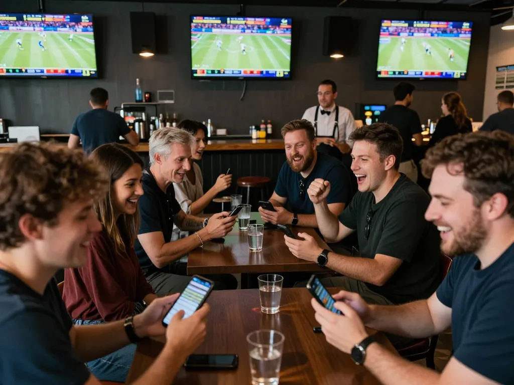 Excited fans engaging in SHBET sports betting at a vibrant sports bar.