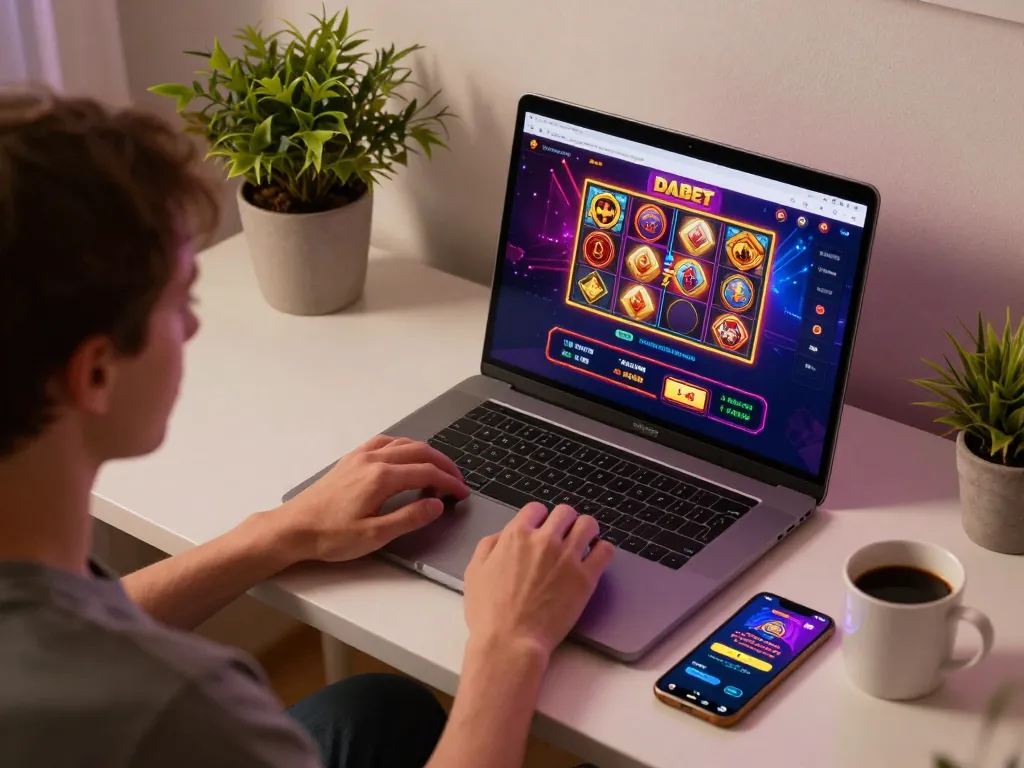 DABET online gaming scene showcasing a player engaging with casino games on a laptop in a cozy environment