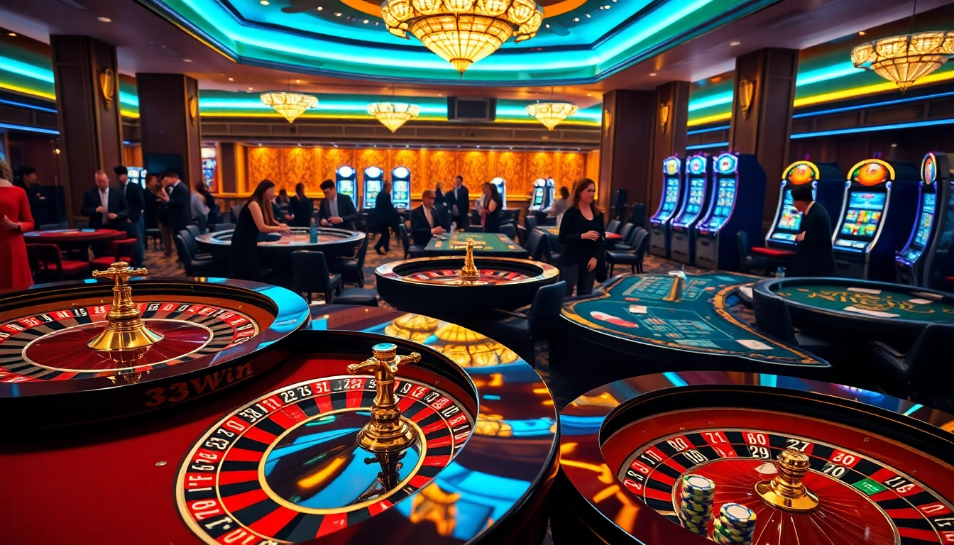 Experience the thrill of gaming at 33Win’s luxurious casino tables with vibrant poker chips.