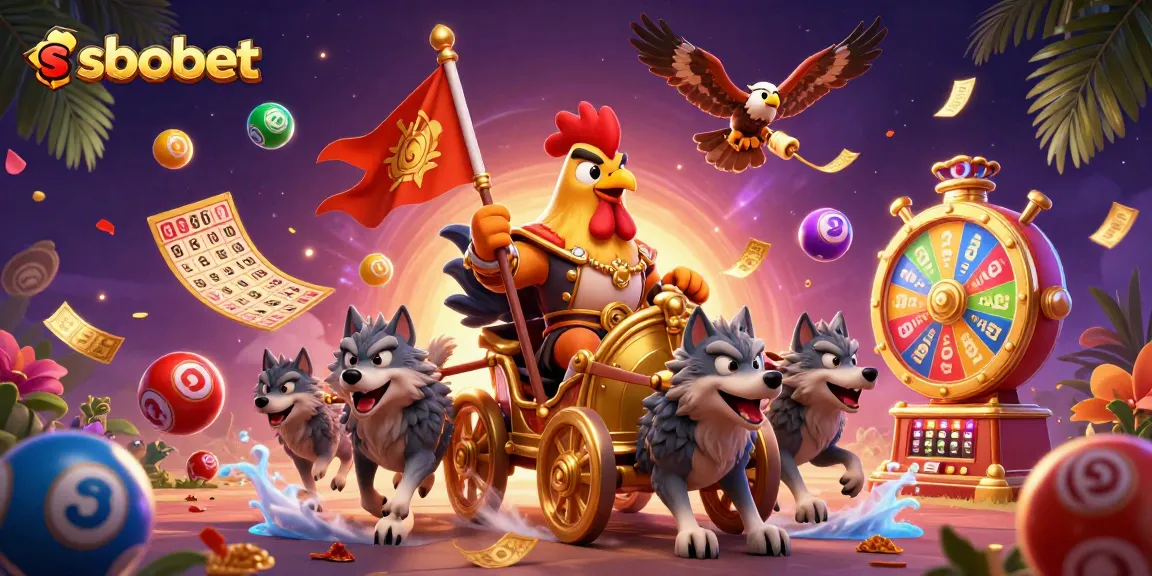 Experience sbobet's thrilling action with a dynamic scene featuring a rooster warlord and vibrant lottery elements.