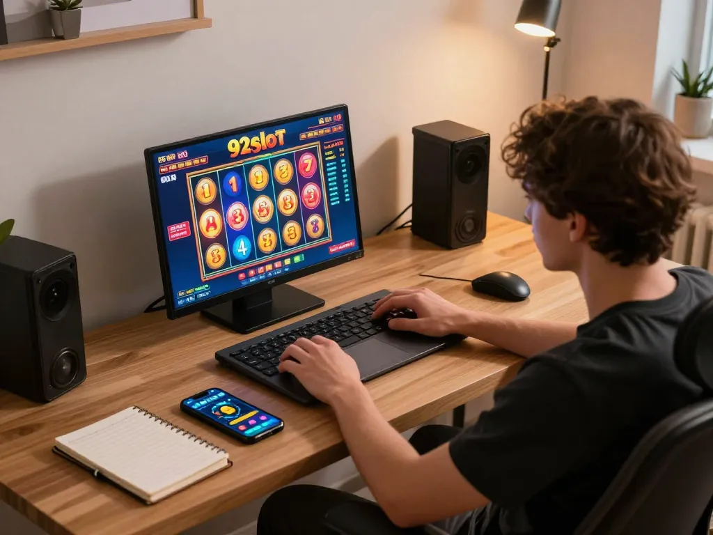 Engaged player using 92slot for online gaming experience at home, optimizing strategy.