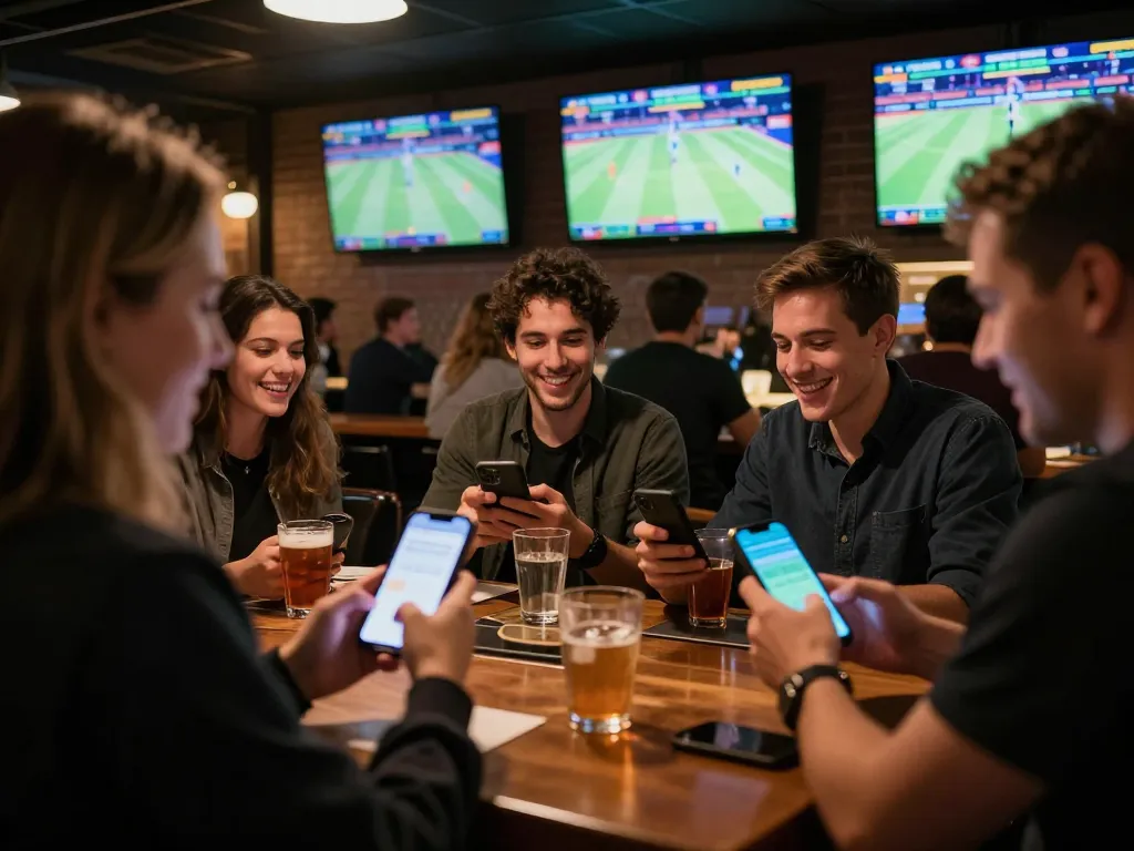 Watch kubet77 players engaging with sports betting apps in a lively bar setting