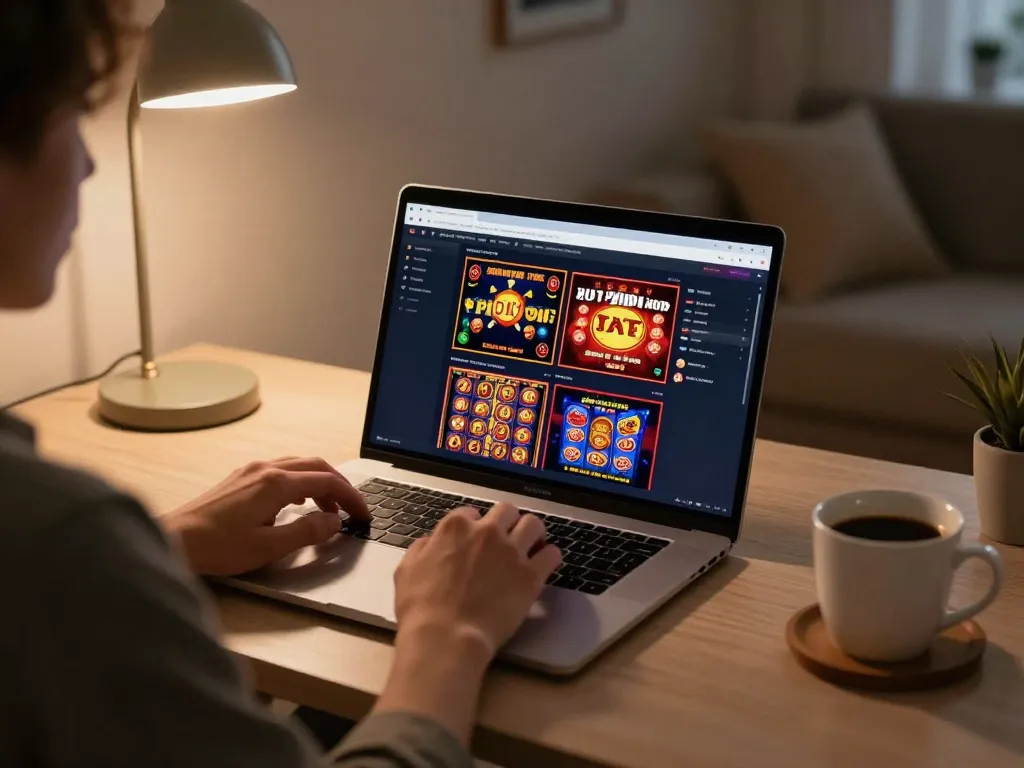 Player enjoying online casino games on laptop at home, highlighting lode88 for exciting gameplay.