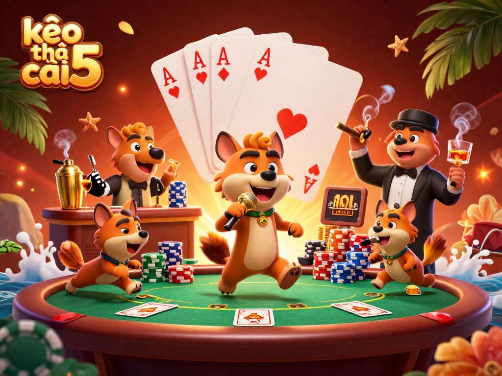 Engage in kèo nhà cái 5 with a lively 3D cartoon hyena comedy casino scene featuring poker action.