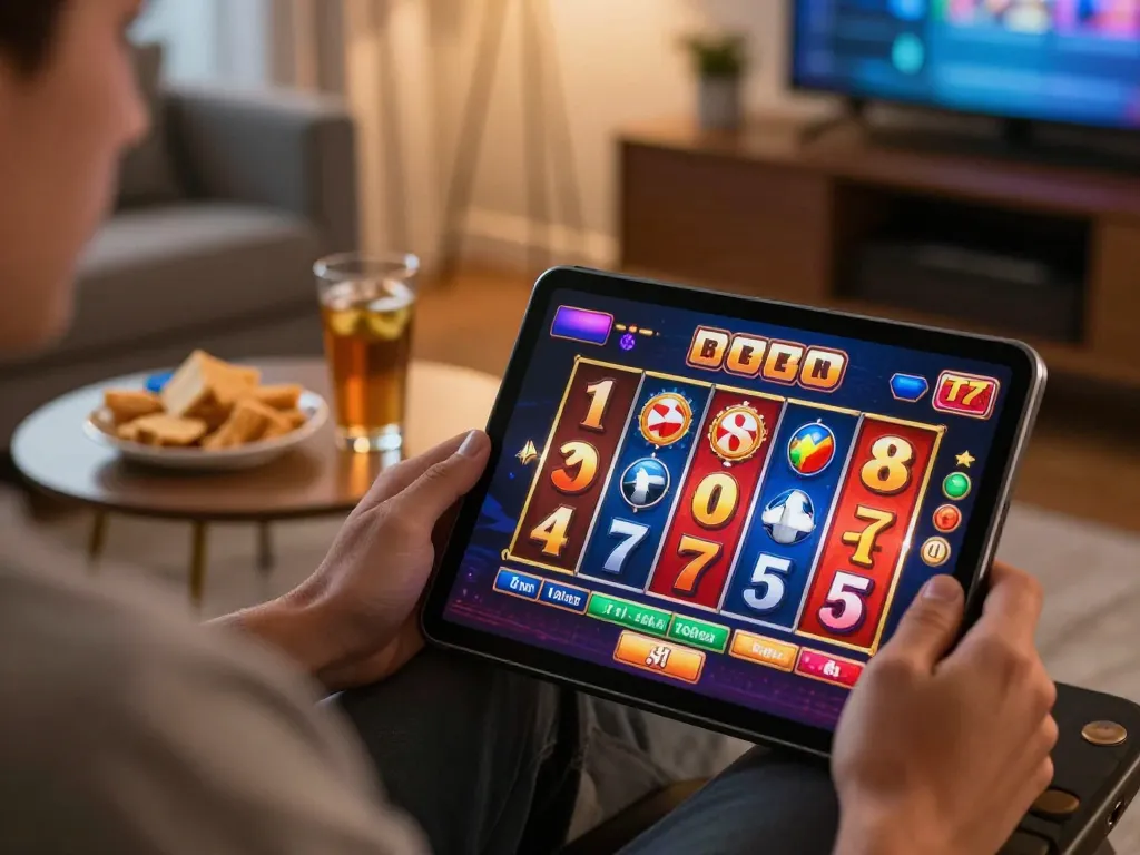 Engaging with gem88 slot games on a tablet in a cozy home setting