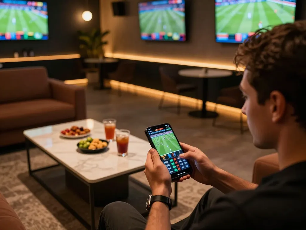 Person engaging in sports betting on smartphone at home, highlighting hay88x excitement of live gaming.