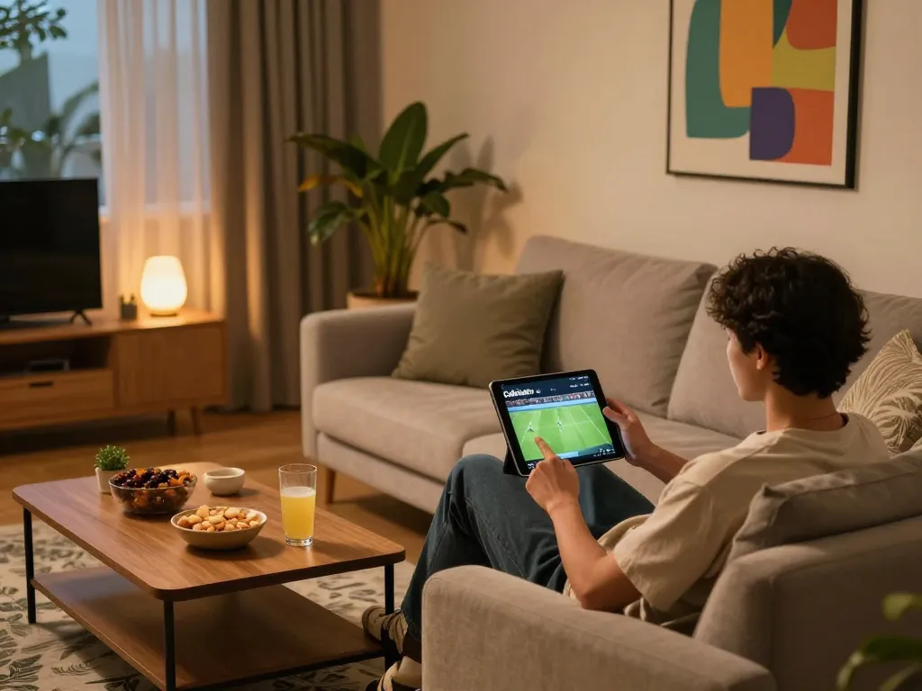 Cakhiatv app displayed on a tablet while enjoying live football in a cozy home environment