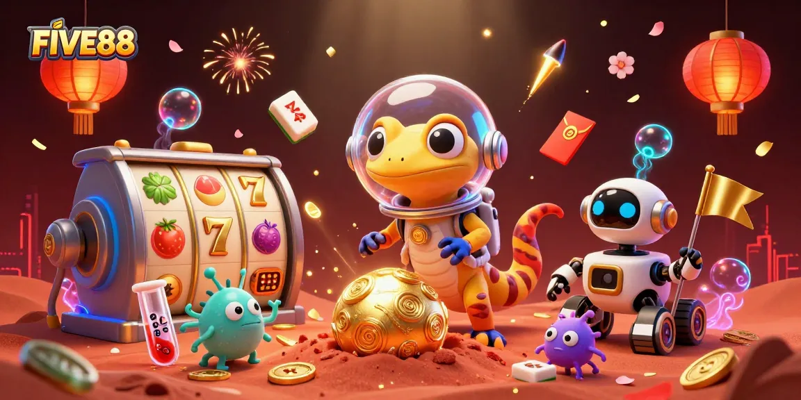 Experience FIVE88's thrilling golden casino adventure with vibrant slot reels amidst a Martian backdrop.