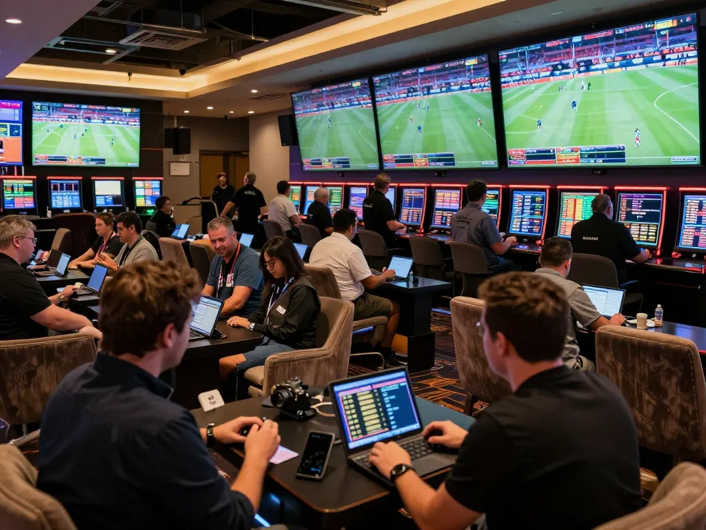 Persons engaging with tỷ lệ nhà cái at a modern sports betting lounge, analyzing live sports events on screens.