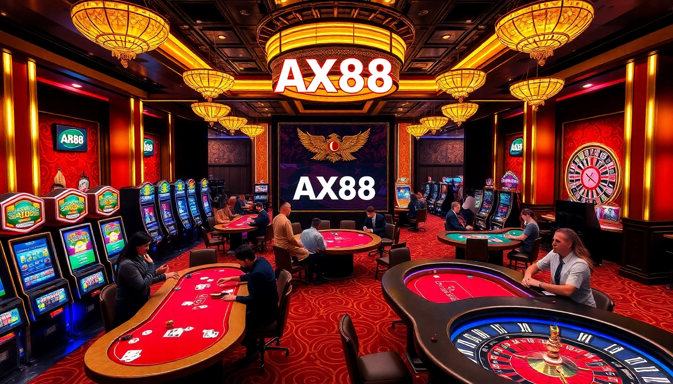 Engaging scene of gamblers at AX88 casino tables, showcasing poker, roulette, and slot machines.