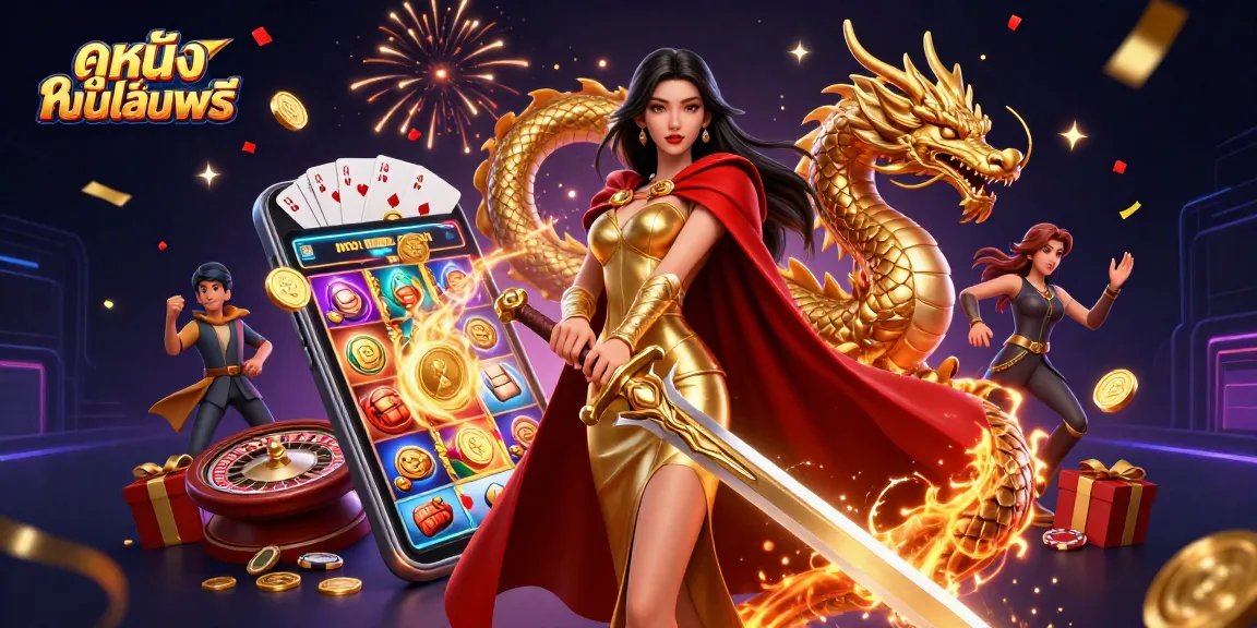 Play ดูหนังออนไลน์ฟรี with stunning characters and casino-themed visuals in a vibrant 3D illustration.