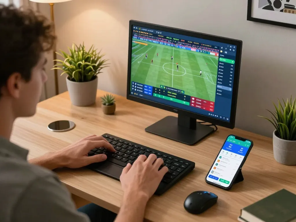 Experience the thrill of sports betting with XX88 on a cozy home setup, showing excitement and engagement.