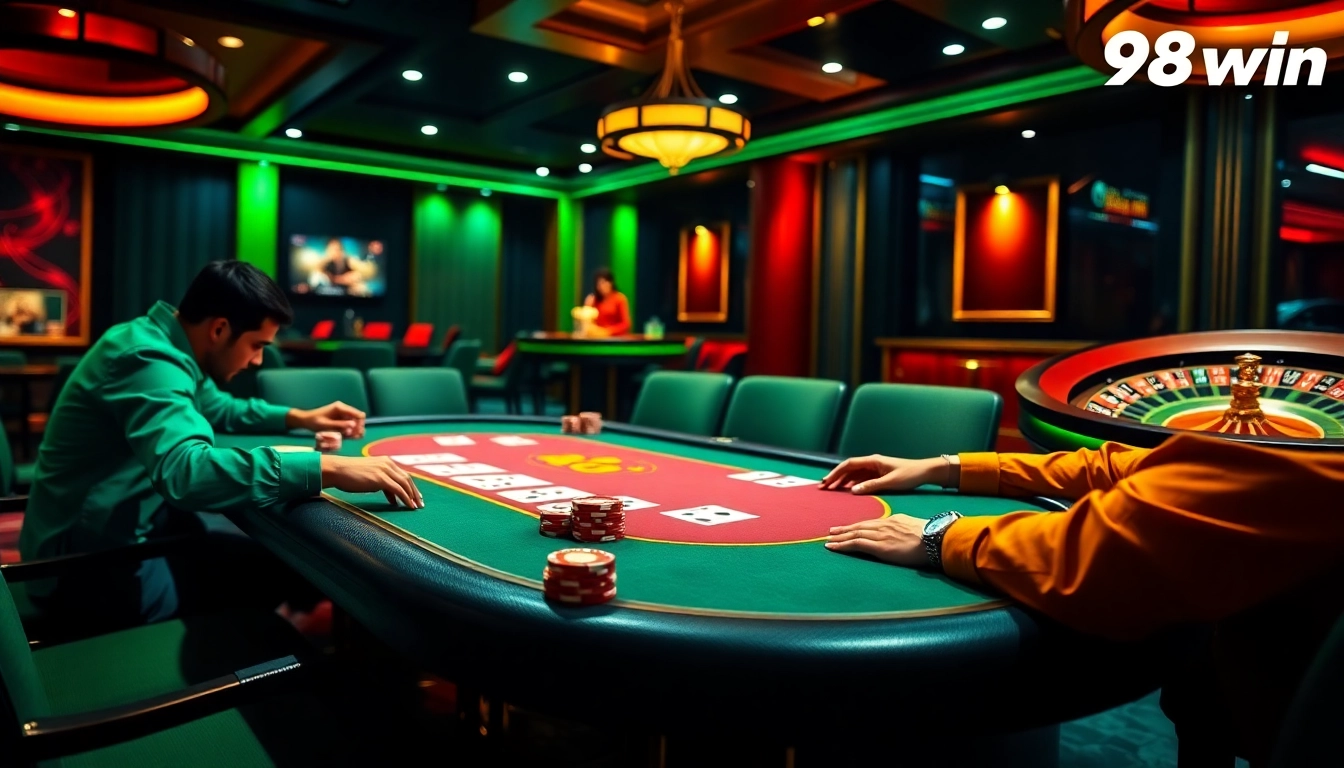 Players strategize at the vibrant 98win poker table, immersing in an intense Texas Hold'em game.