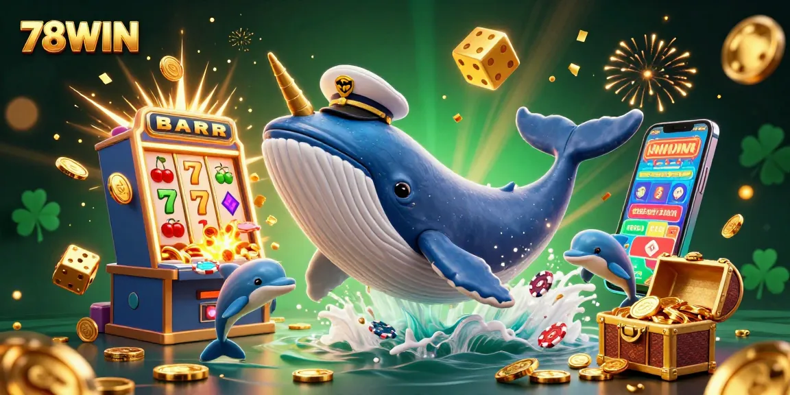Experience 78WIN's lively casino scene with whale, narwhal, and dolphins amidst vibrant gaming symbols.