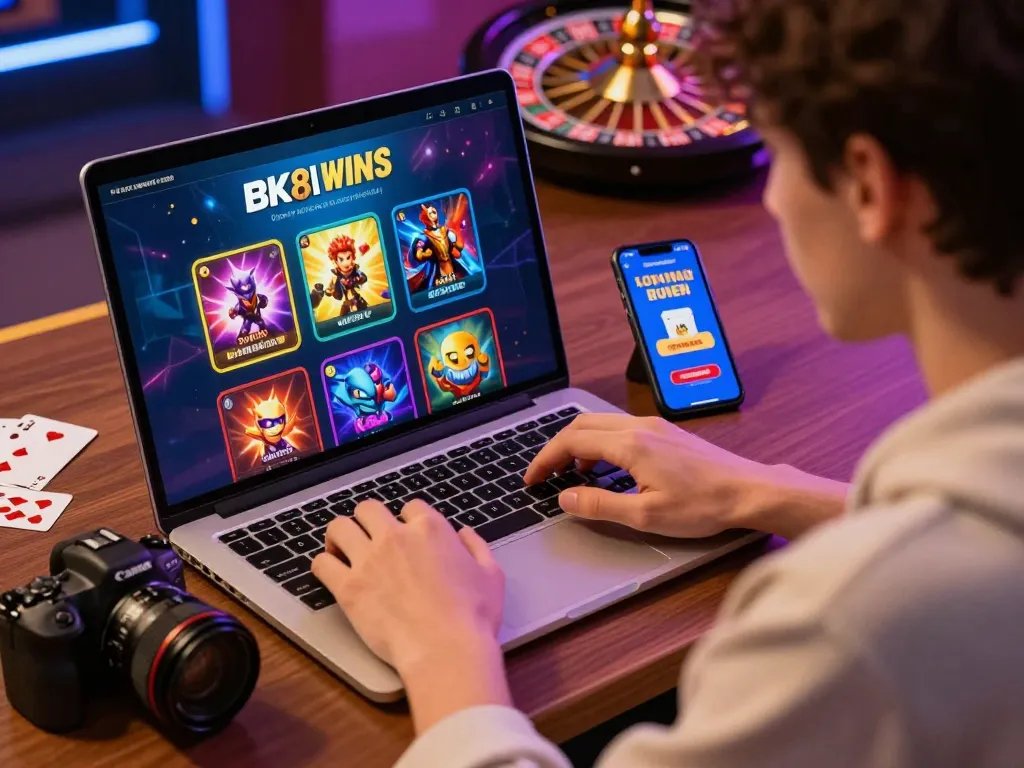 Engaged user enjoying BK8 online gambling platform with vibrant game icons and promotions displayed.