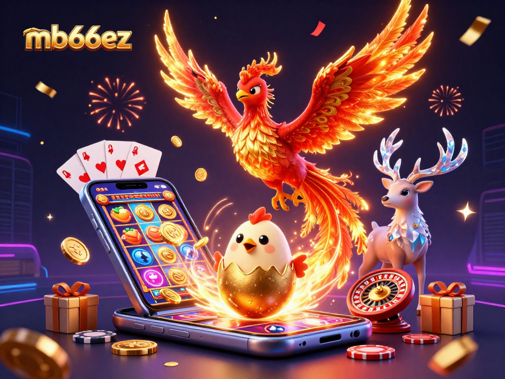 Experience winning moments with mb66ez as a phoenix rises above vibrant casino games and golden coins.