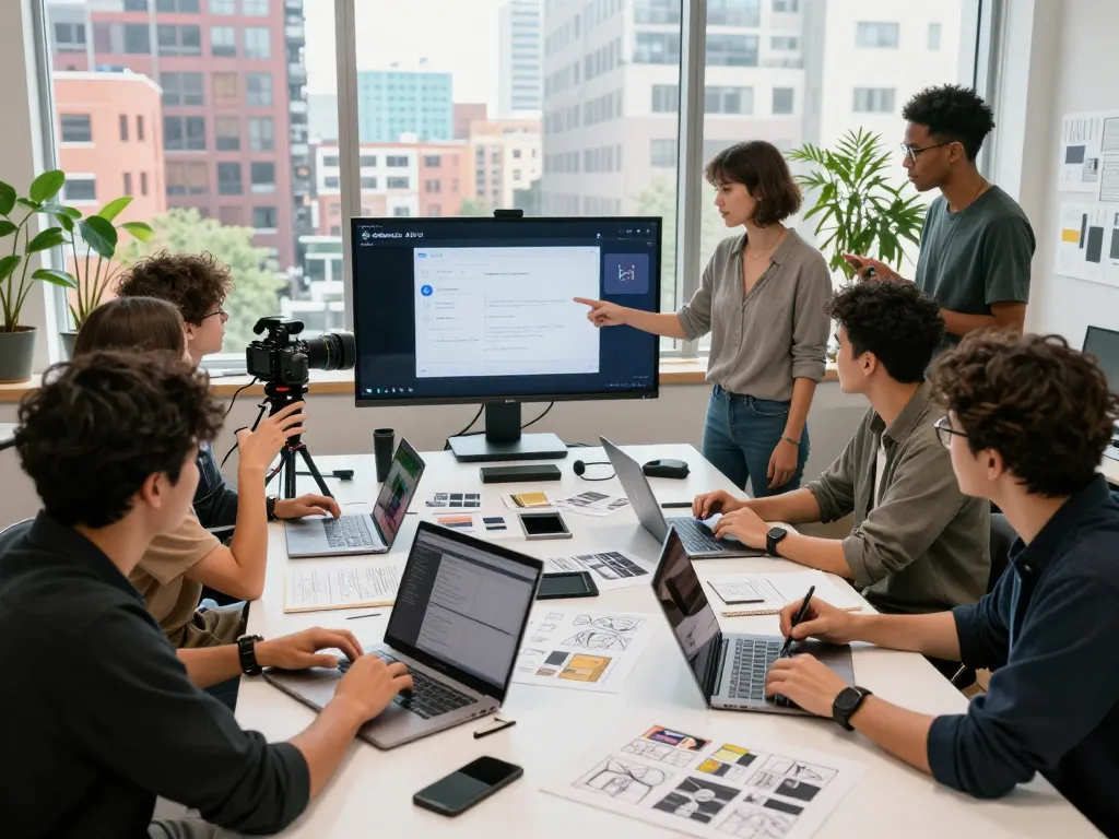 Collaborative team using Seedance AI technology in a bright creative studio.