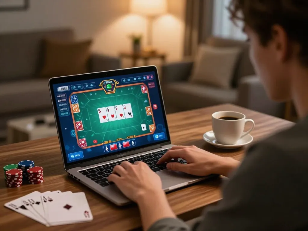 Experience the excitement of trang chủ OXBET with a player immersed in an online poker game at home.