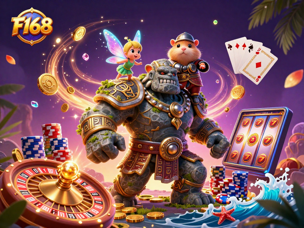 Experience the excitement of F168 with a magical cartoon scene featuring a golem and a hamster knight.