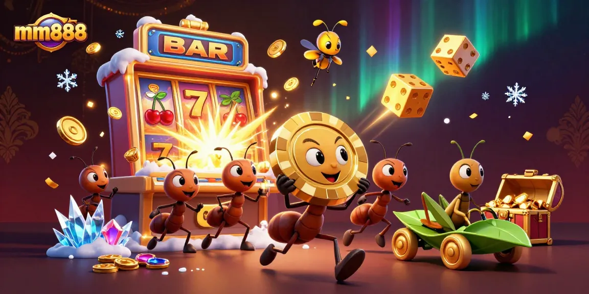Experience the excitement of mm888 as ants carry a giant poker chip through a vibrant casino scene.