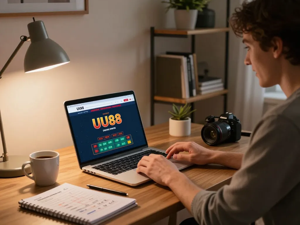 Engaged player on com using laptop at home for strategic online gaming and betting.