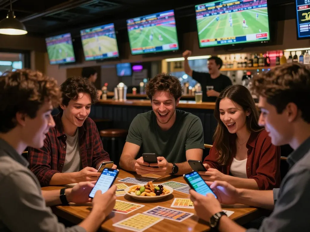Kong88 patrons place bets and strategize in a lively sports bar atmosphere, capturing the excitement of sports betting.