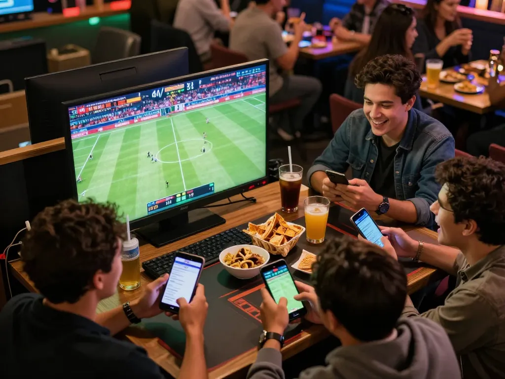 Exciting sports betting scene at nhandinhkeonhacai with friends cheering and placing bets on mobile devices