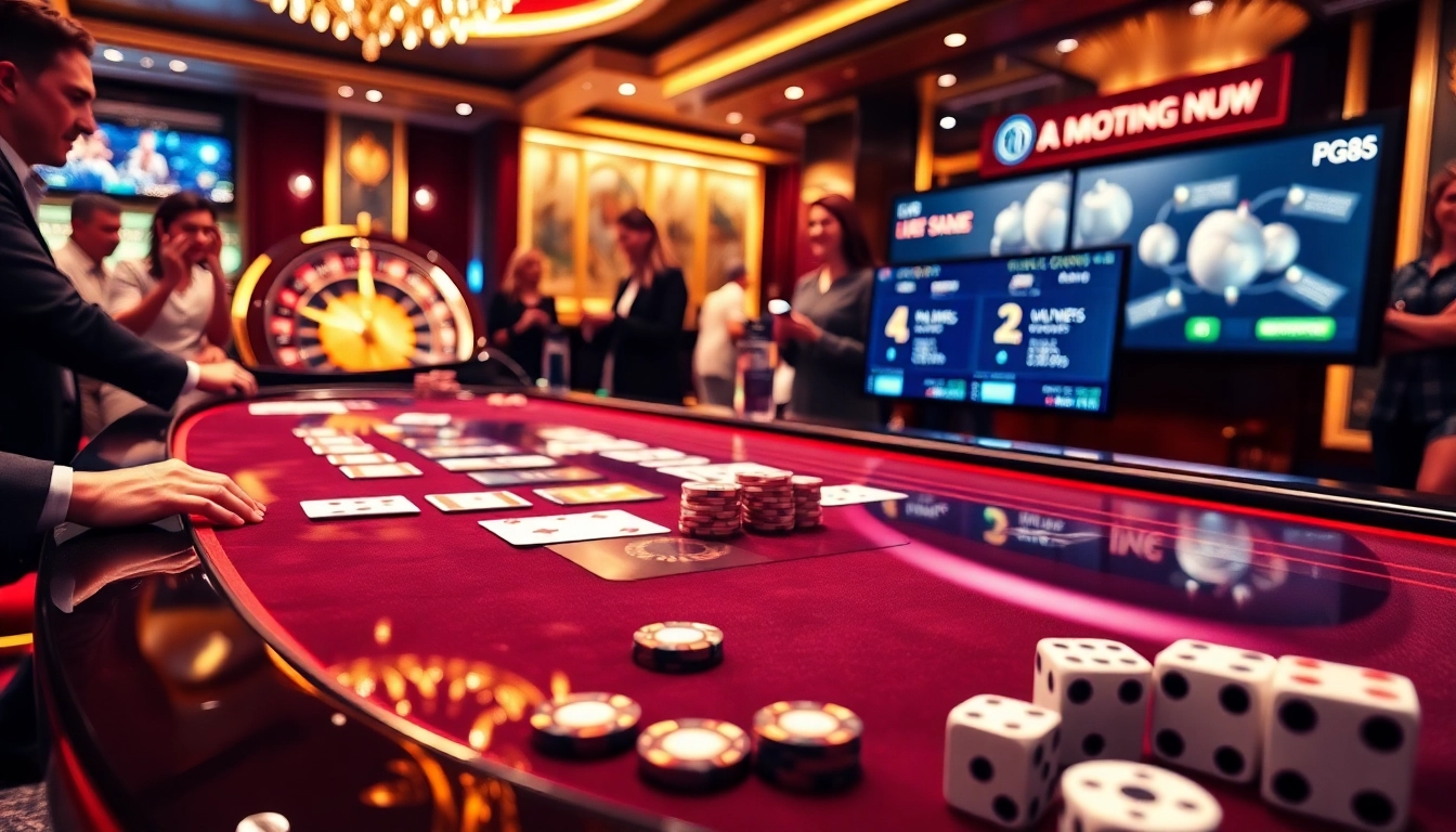 Players engaged in intense gameplay at PG 88 casino table surrounded by vibrant slot machines.